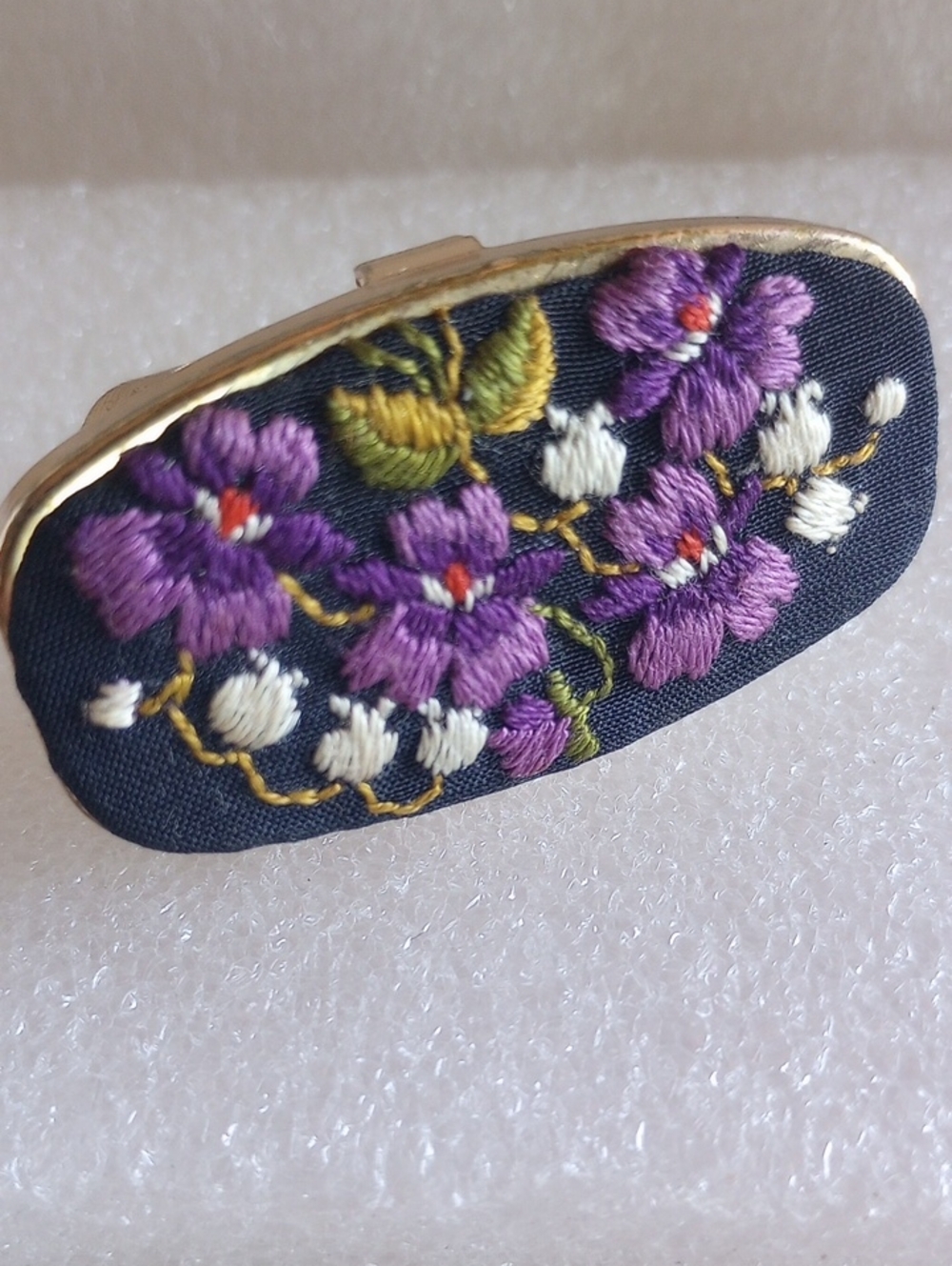 Embroidered Purple Floral Design Needlepoint Scarf Holder Mirror Inside VINTAGE
